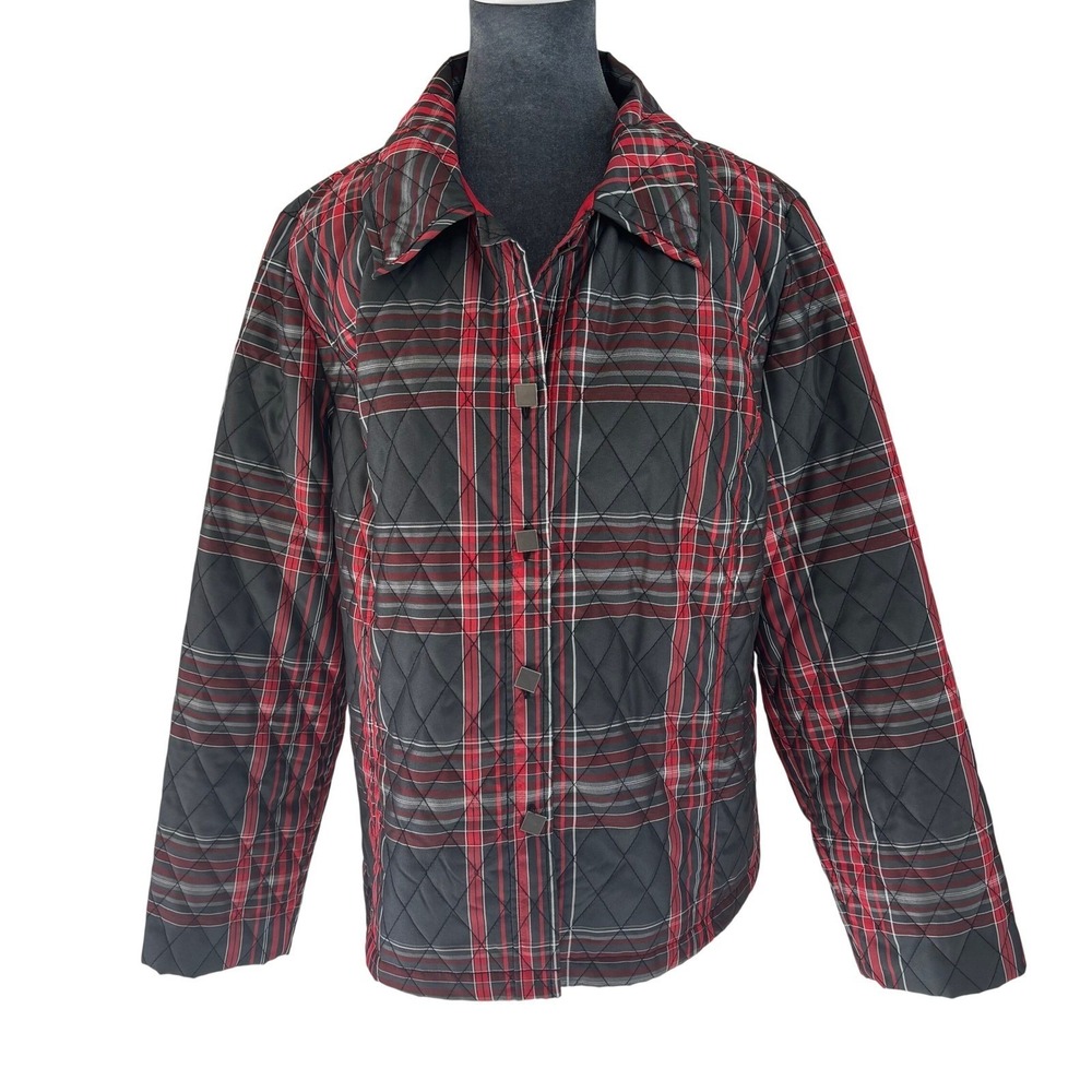 RQT Wms XL Red Black Plaid Preppy Heritage Square Button Collared Quilted Jacket